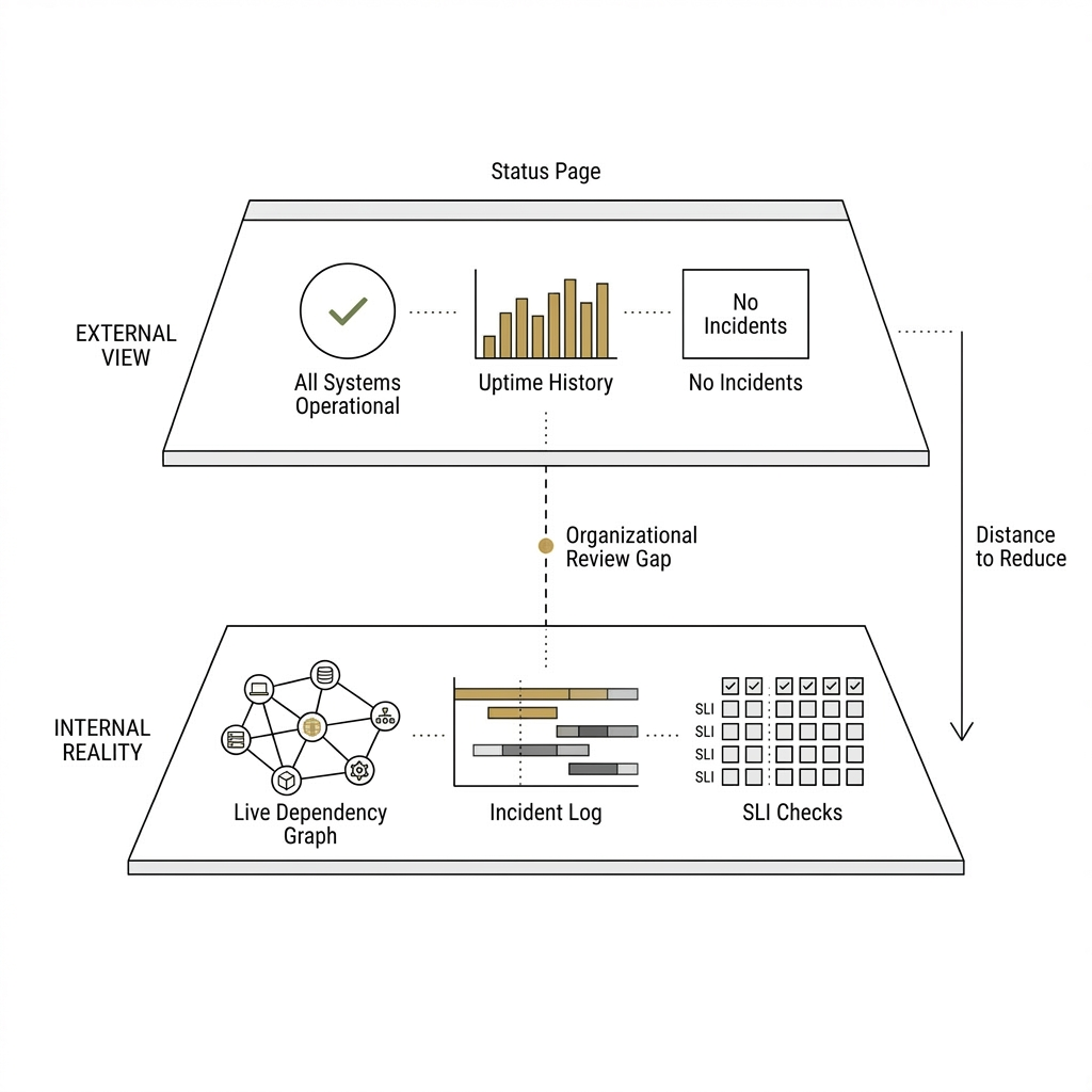 Diagram showing external status page view versus internal operational reality and the review gap between them.