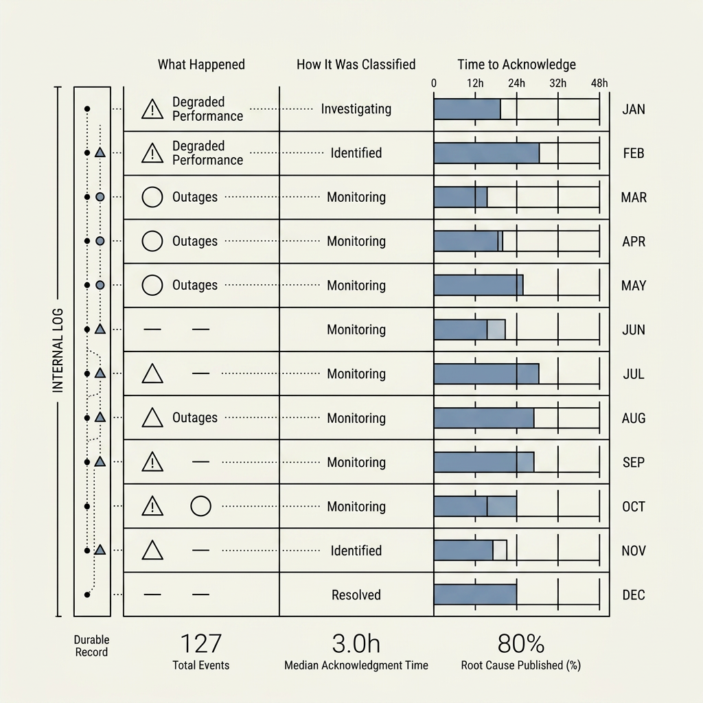 Incident trust ledger showing event classification, acknowledgment time, and annual reporting metrics.