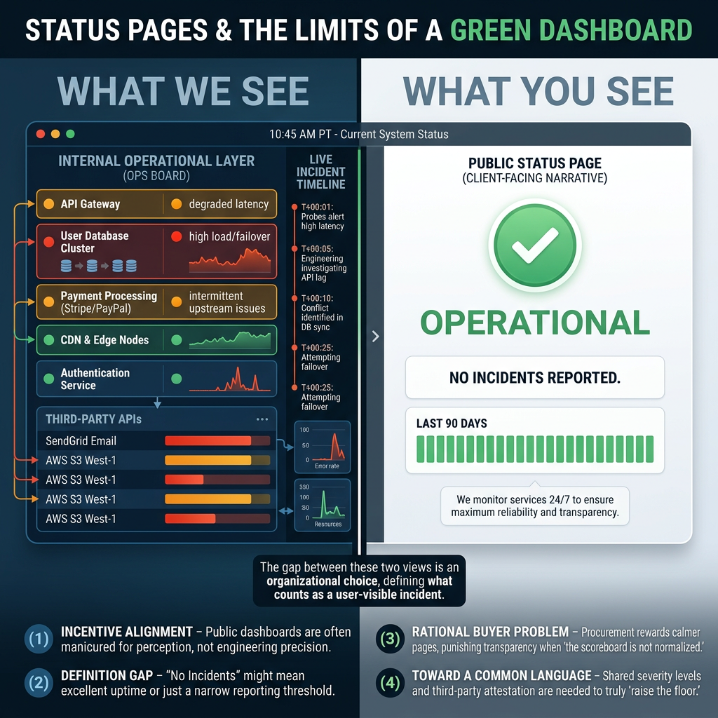 Comparison of internal incident telemetry and a public status page showing operational status.