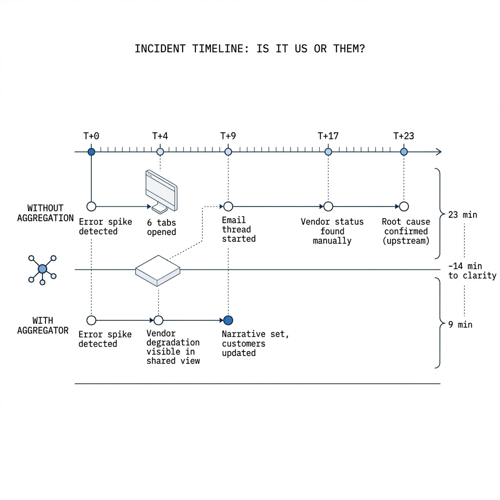 Incident timeline comparing without aggregation (six tabs, email thread, manual vendor lookup, root cause in 23 minutes) versus with an aggregator (vendor degradation visible in shared view, customers updated by 9 minutes)—14 minutes faster to clarity.